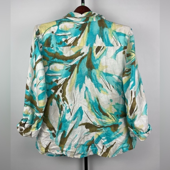 JM Collection Multicolor Watercolor 100% Linen Roll Tab 3/4 Sleeve Button Up Top - Picture 7 of 7